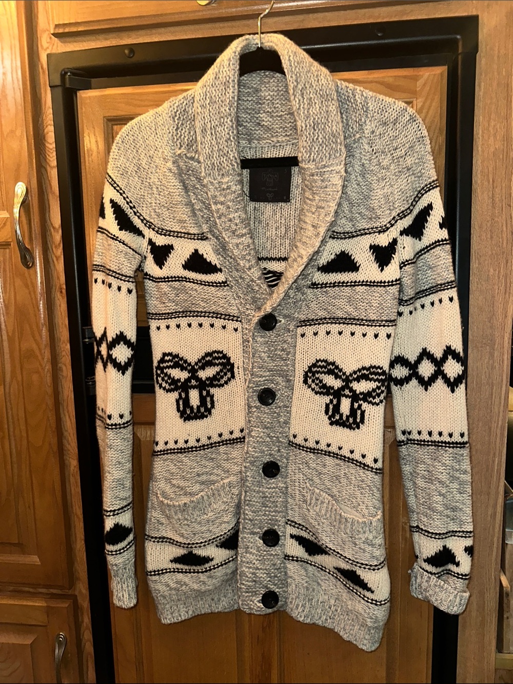 TNA Grey, cream and Black Shawl Collar Cardigan Sweater